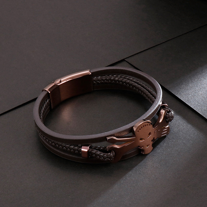 Planderful Mens Skull Bracelet Stainless Steel Leather Rope