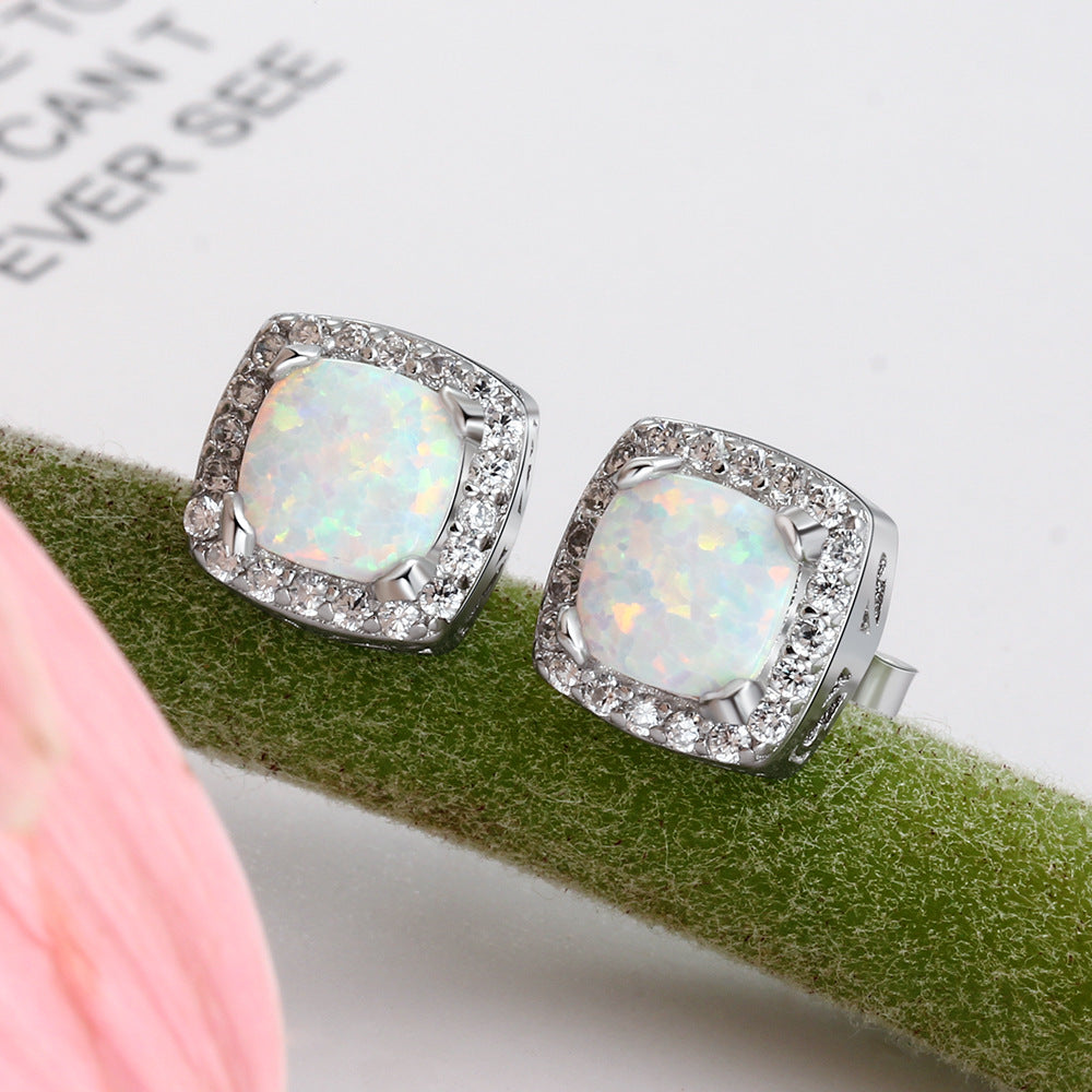 Planderful Jewelry Sterling Silver Opal Stud Earrings With Zircon Halo In Elegant Round Design