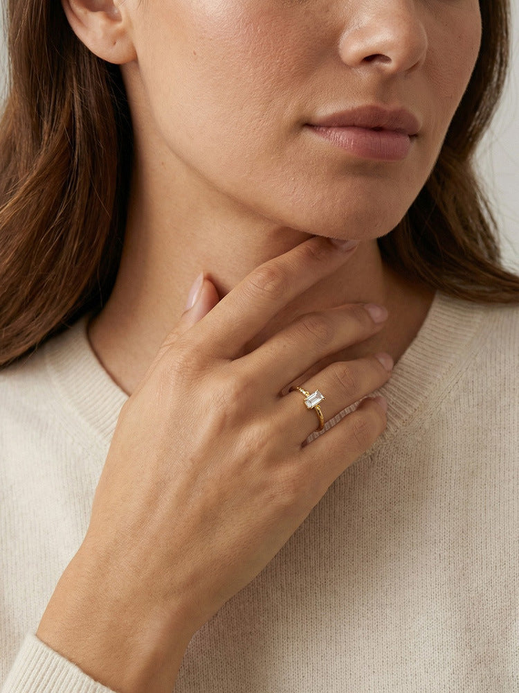 Cold Wind Stainless Steel Horse Eye Square Zircon Open Ring