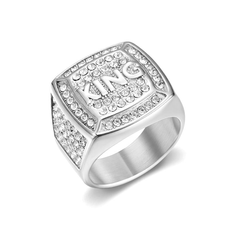 Planderful Everyday Genie Hip Hop Ring Titanium Steel Gold Plated Rhinestone King Mens Ring