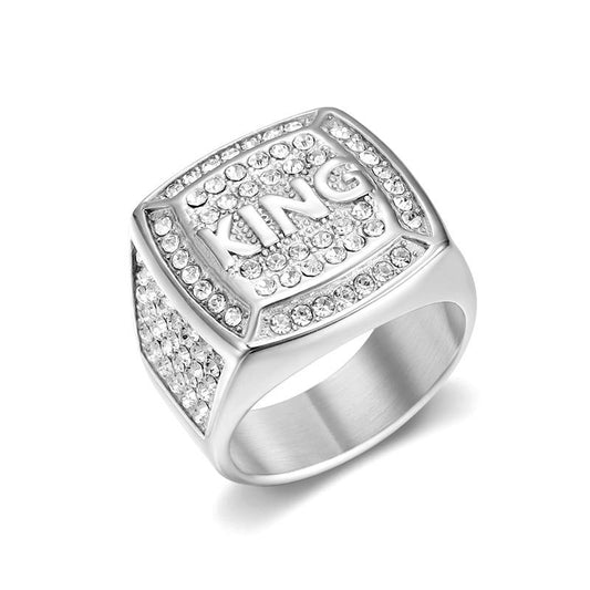 Planderful Everyday Genie Hip Hop Ring Titanium Steel Gold Plated Rhinestone King Mens Ring