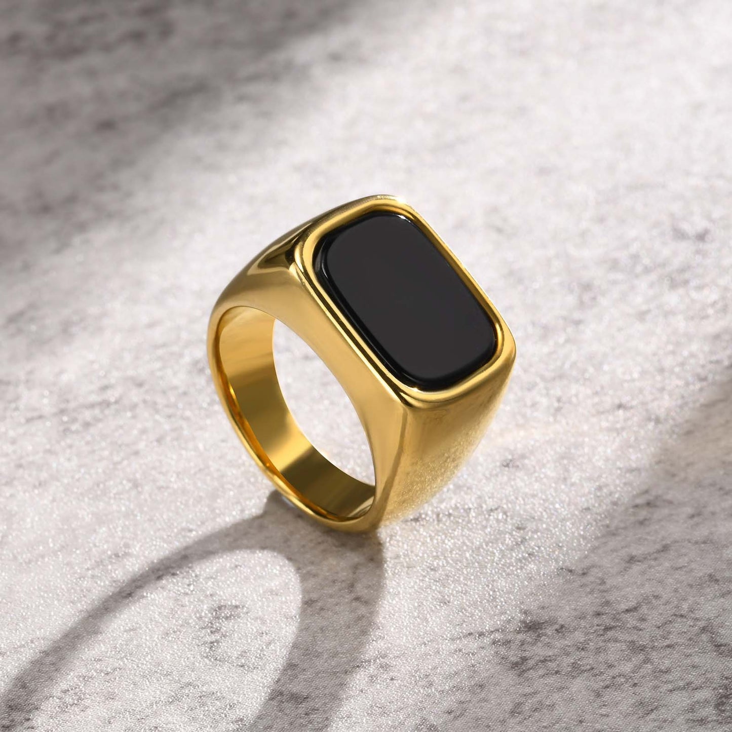Stainless Steel Geometric Square Black Glass Stone Ring Mens