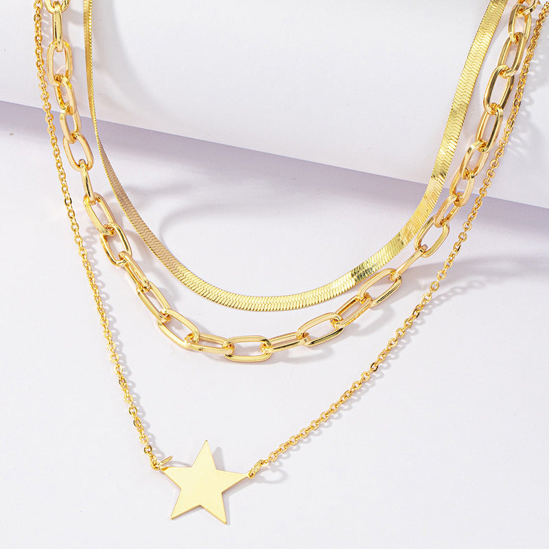 European and American Fashion Necklace with Three-Layer Star Design
