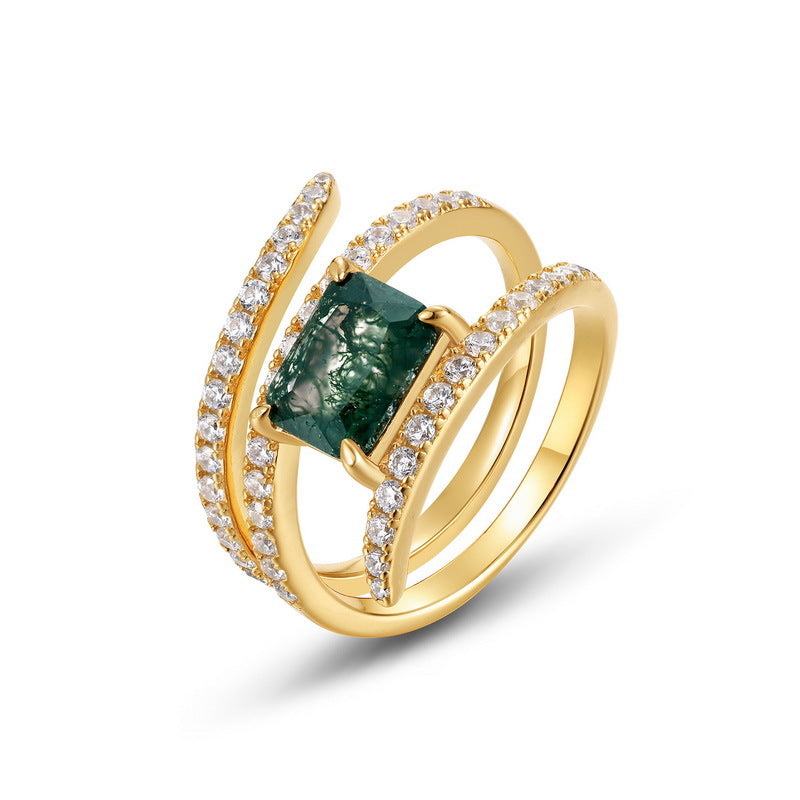 S925 Sterling Silver Moss Agate Three-Layer Layered Ring