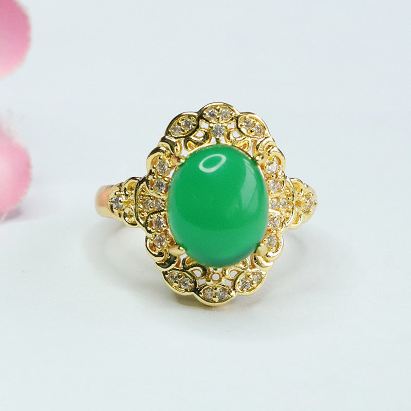Golden Palace Style Chalcedony Ring with Zircon Flower Lace