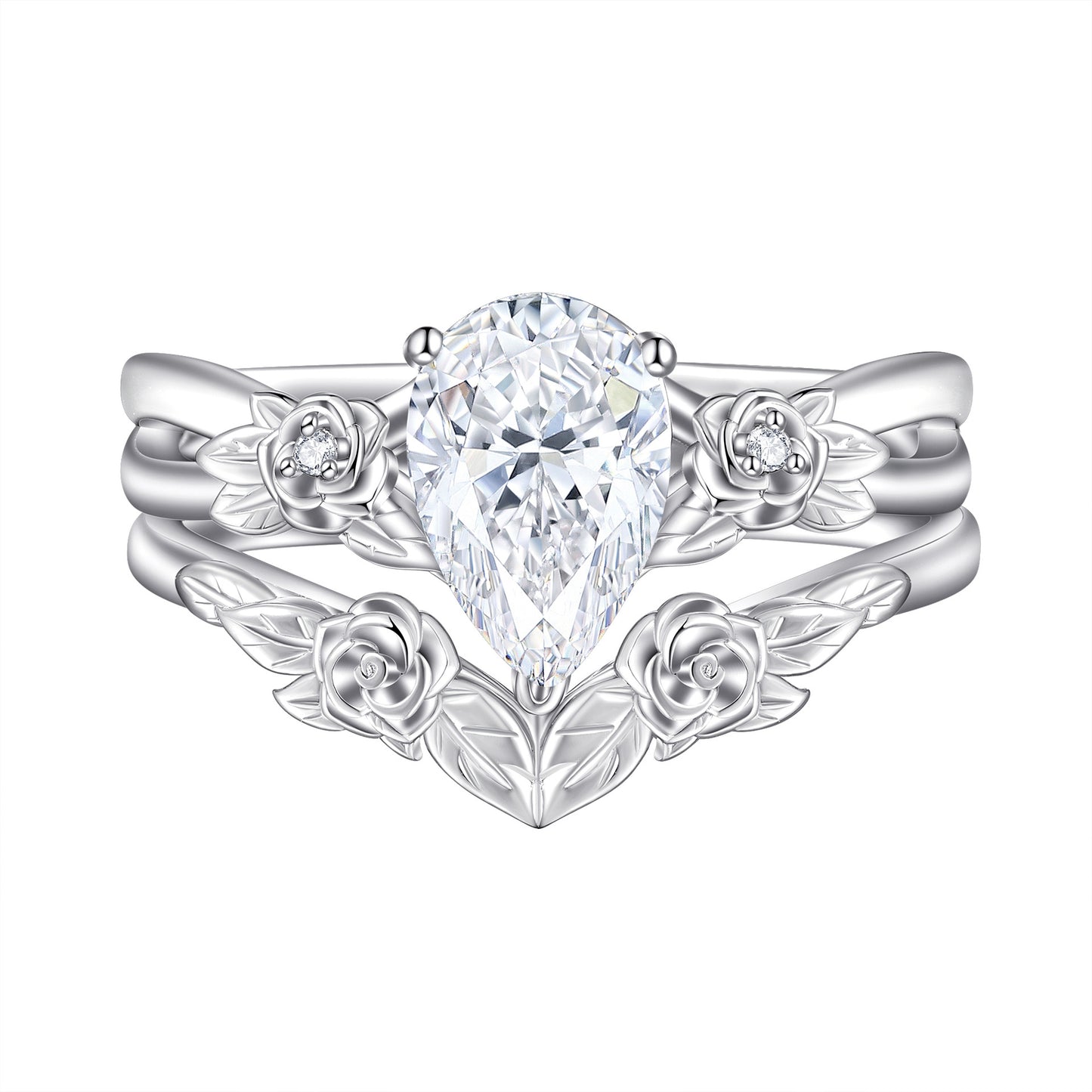 Planderful Sterling Silver Flower Ring Set 1.5ct Pear Zircon For Women Wedding Jewelry Gift