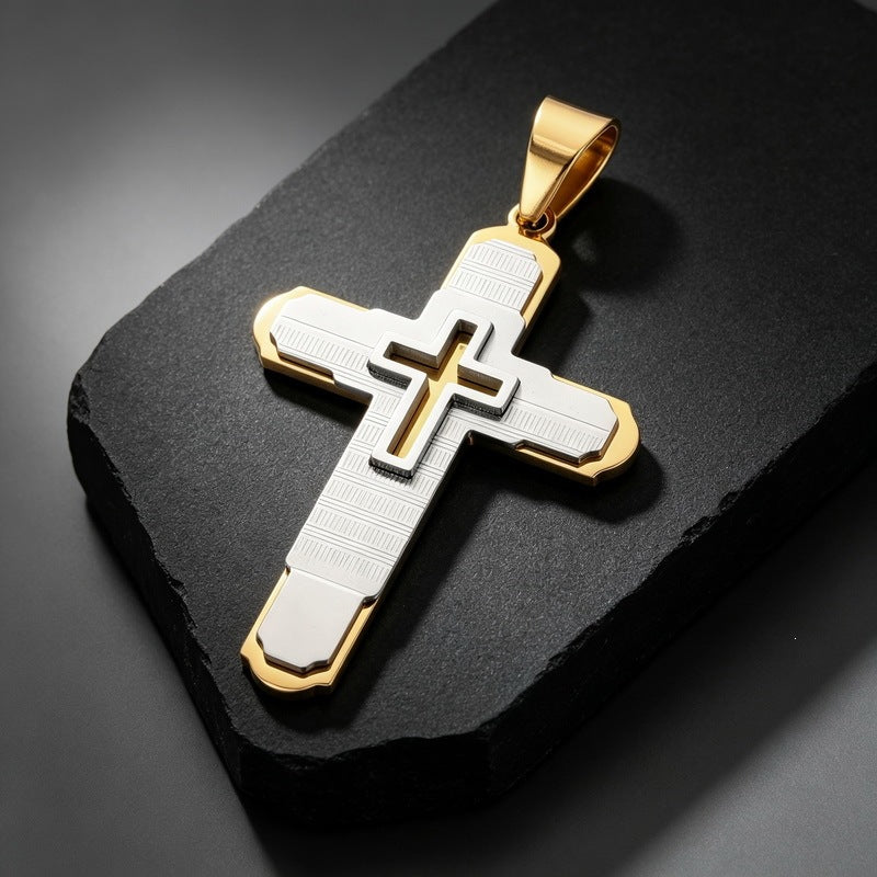 Hip-Hop Rock Multi-Level Design Cross Pendant Retro Brushed Stainless Steel Men's Pendant Necklace