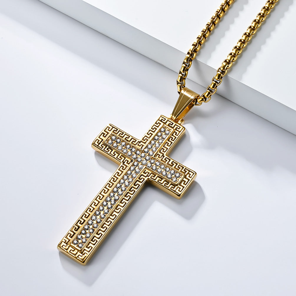 Planderful Titanium Cross Necklace for Hip Hop Streetwear Fans Zircon Accent Niche High End Pendant
