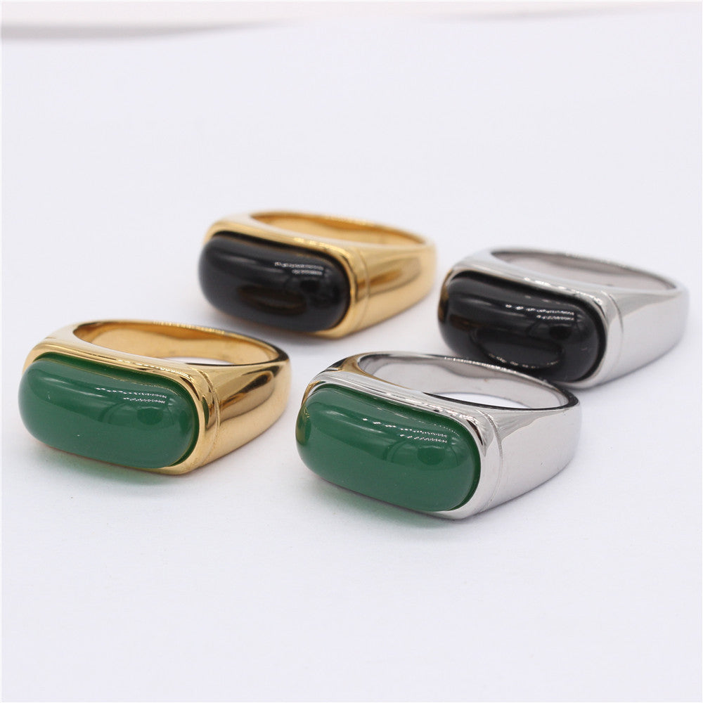 Emerald Green Jade Inlay Ring For Unisex Protection Durable Stainless Steel Planderful Everyday Genie