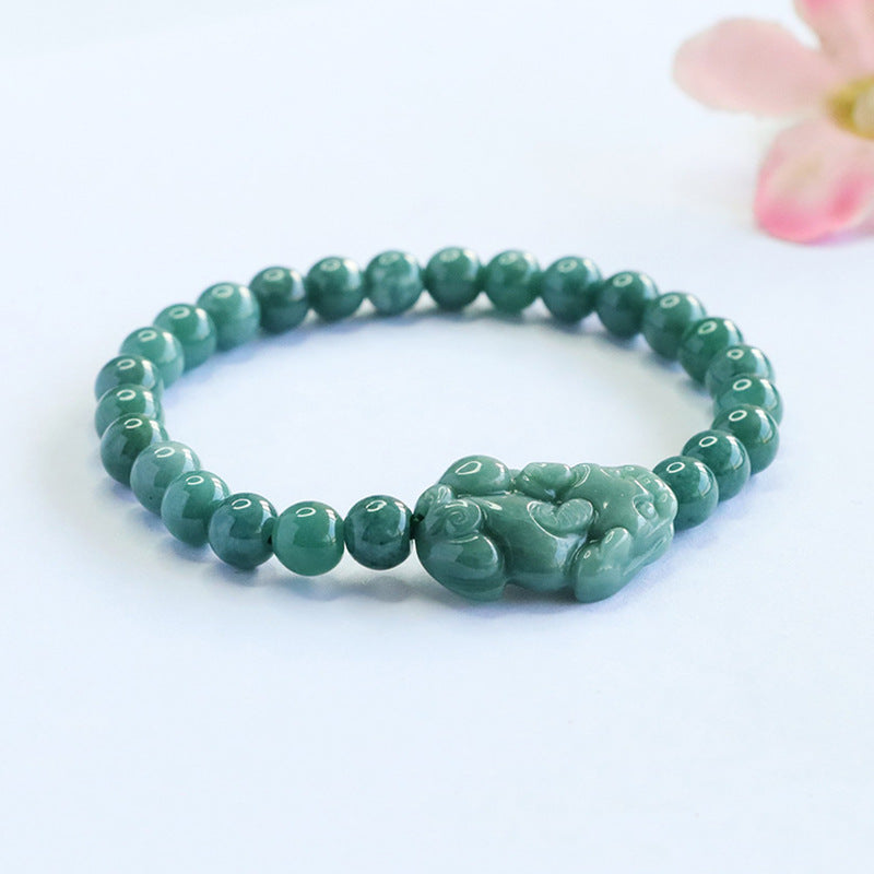 Blue Water Jadeite Pixiu & Round Bead 6 mm Bracelet