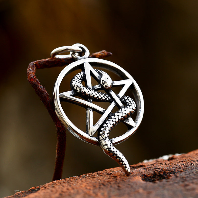 Wholesale Retro European and American Stainless Steel Pendant for Men - Personalized Five-Pointed Star and Coiled Snake Design in Titanium Steel