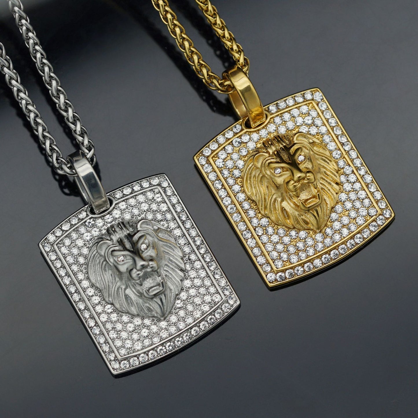 Planderful Lion Head Pendant Necklace Titanium Steel Gold Plated Zircon Unisex Hip Hop Jewelry