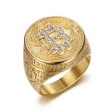 Planderful Hip Hop Ring Titanium Steel Gold Plated Zircon Bitcoin Theme For Men Bold Style