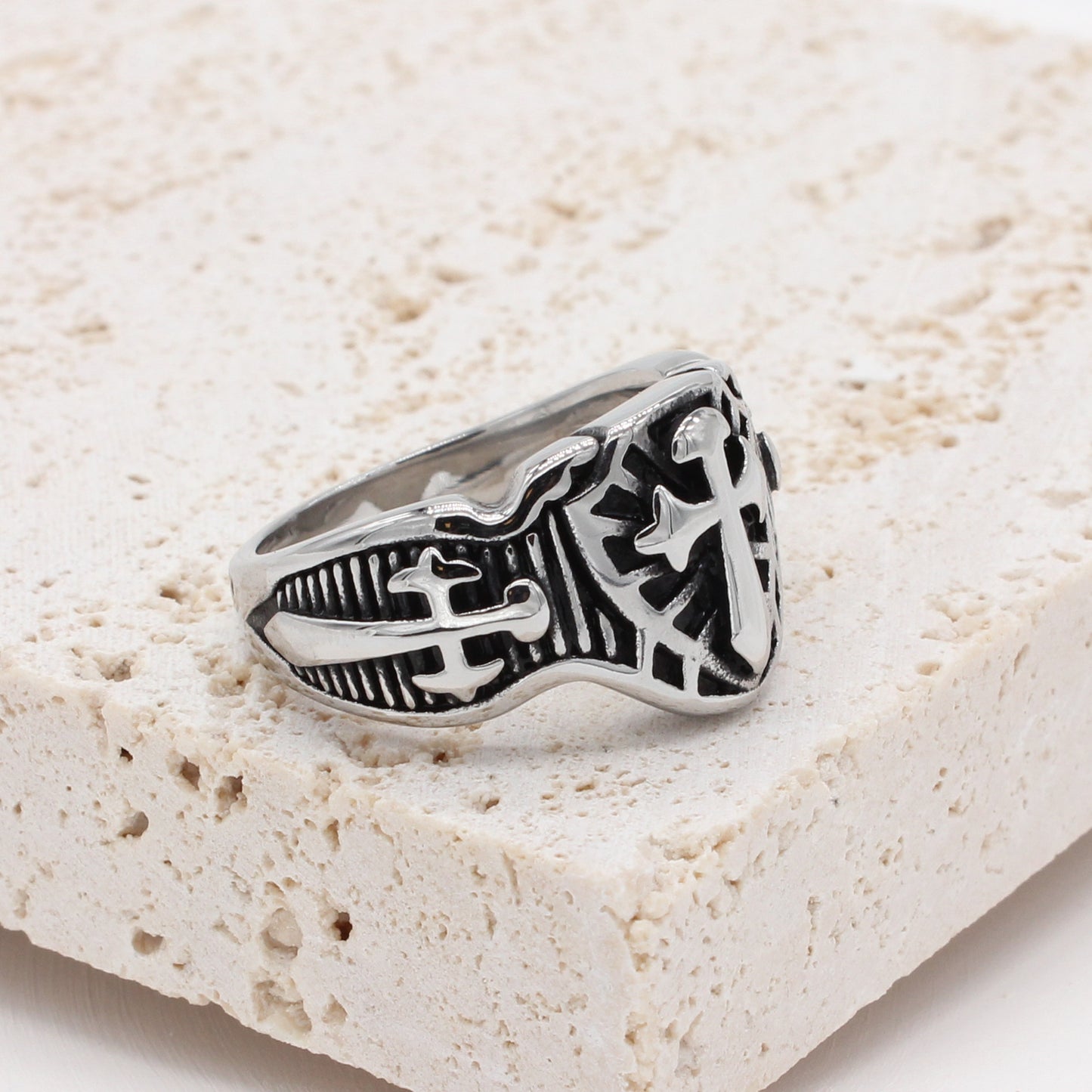 Planderful Retro Cross Shield Titanium Ring for Men and Unisex Personalized Protection Statement