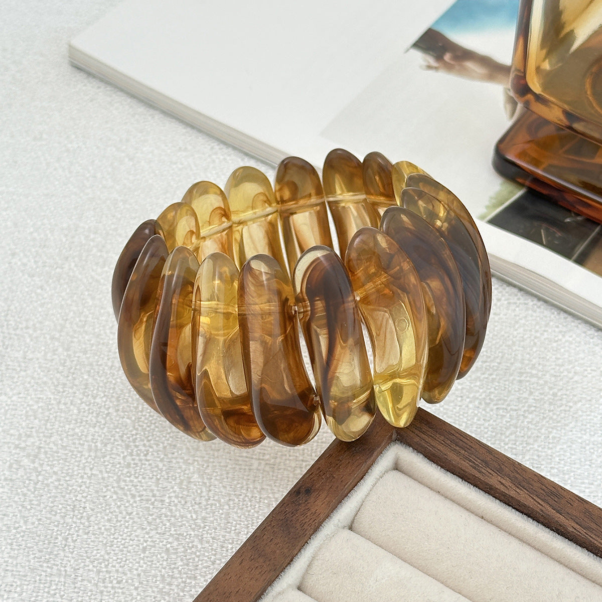 Wide Version Smudged Stone Pattern Semi-Transparent Bracelet Exaggerated Retro Special-Shaped Amber Tire