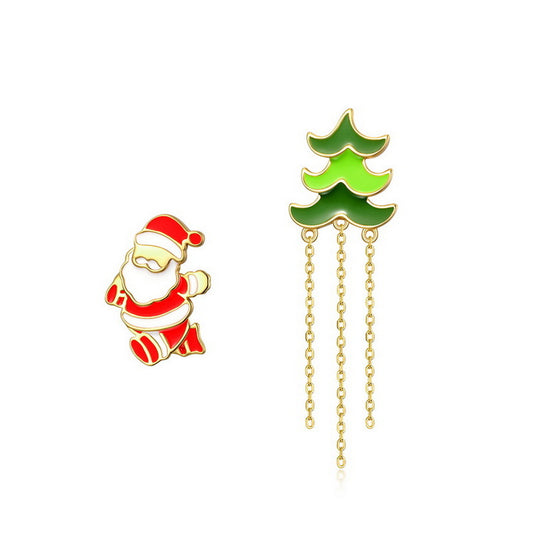 Santa Claus and Christmas Tree Tassel Asymmetric Sterling Silver Earrings