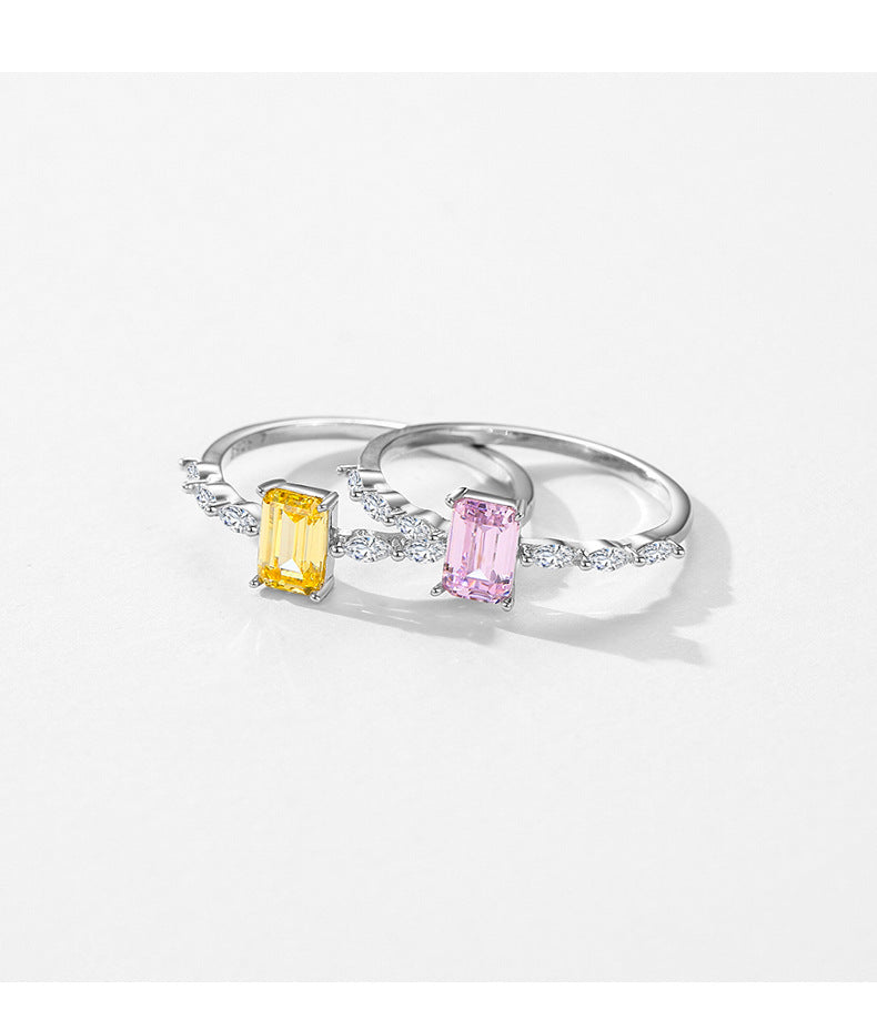 S925 Sterling Silver Sugar Cube Zircon Ring - Women's Luxurious and Elegant Finger Ring