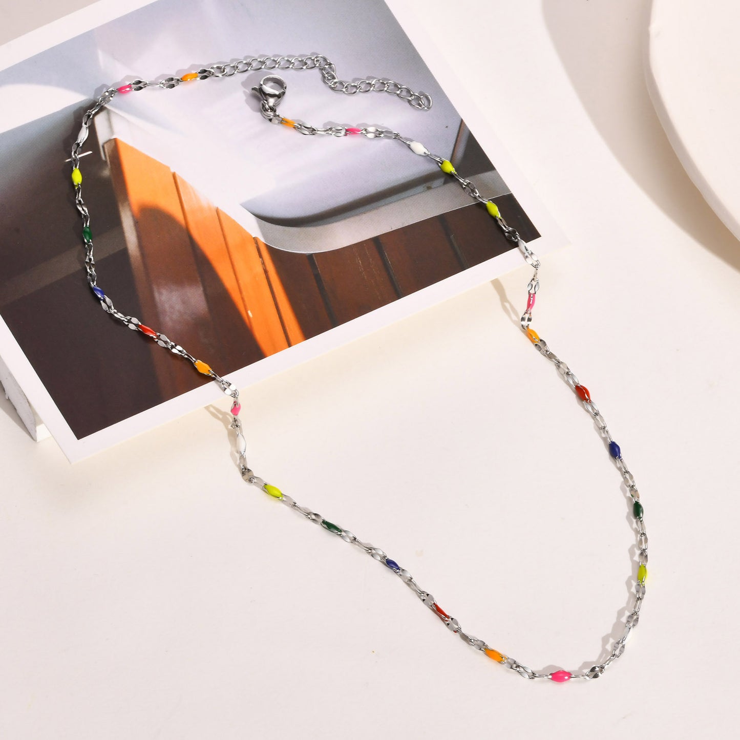 Necklace – Stainless Steel Colored Epoxy Beads Lip Chain Necklace Steel Ladies