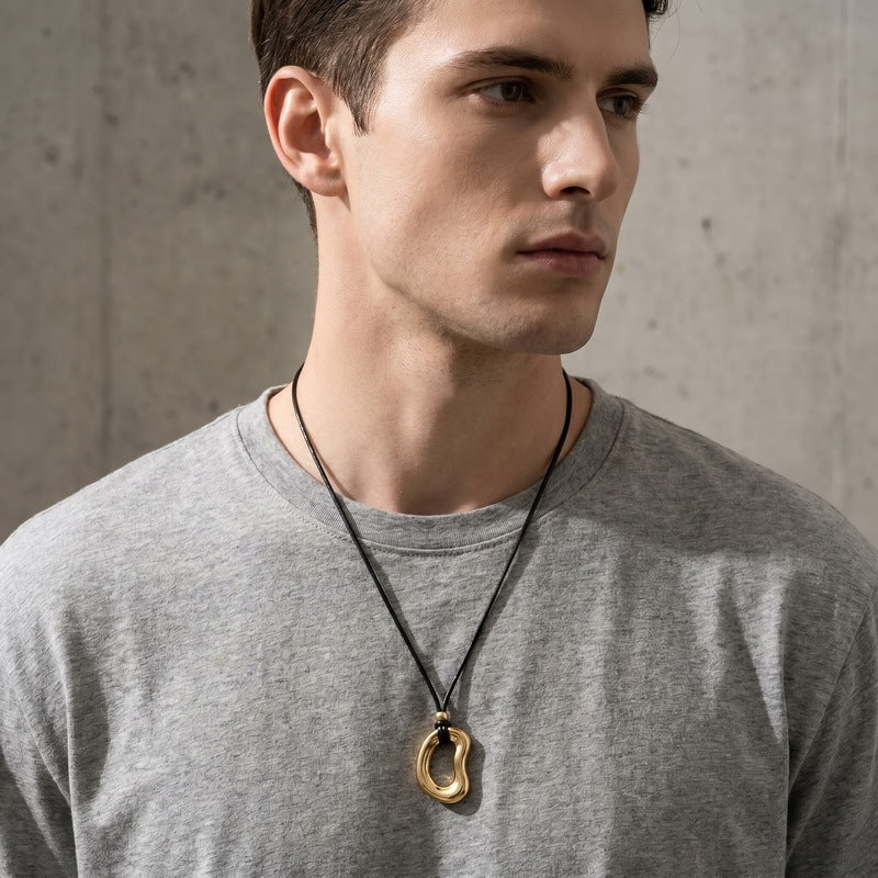 Minimalist Trend Versatile Irregular O-Shaped Pendant Adjustable Black Wax Rope Stainless Steel Men's Necklace