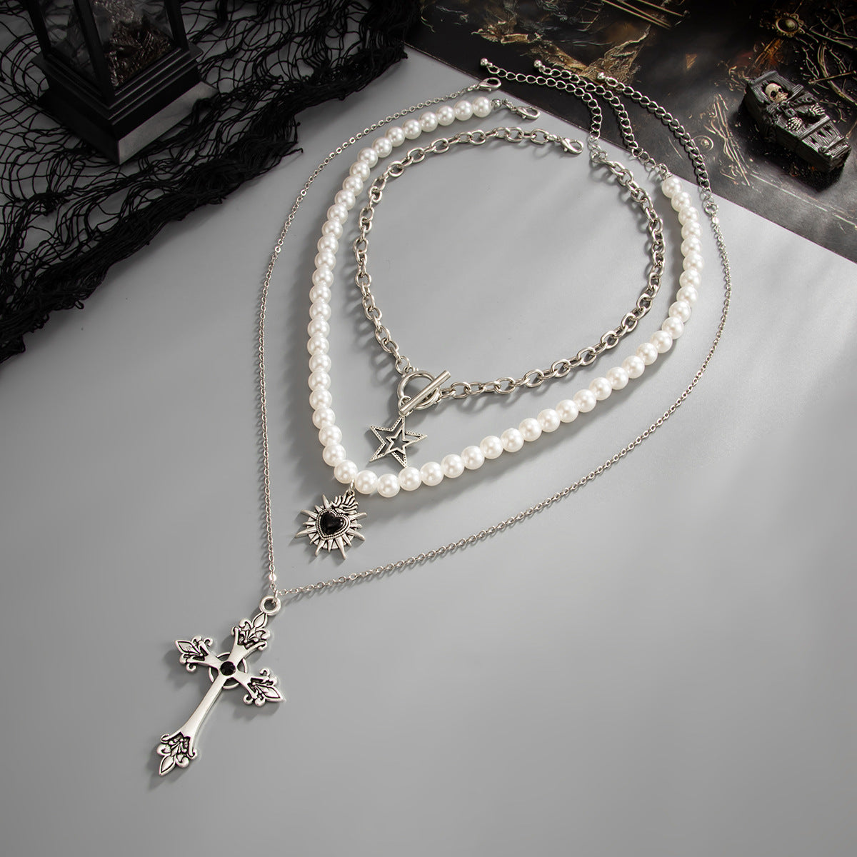 Pearl-Style Star & Cross Layered Necklace
