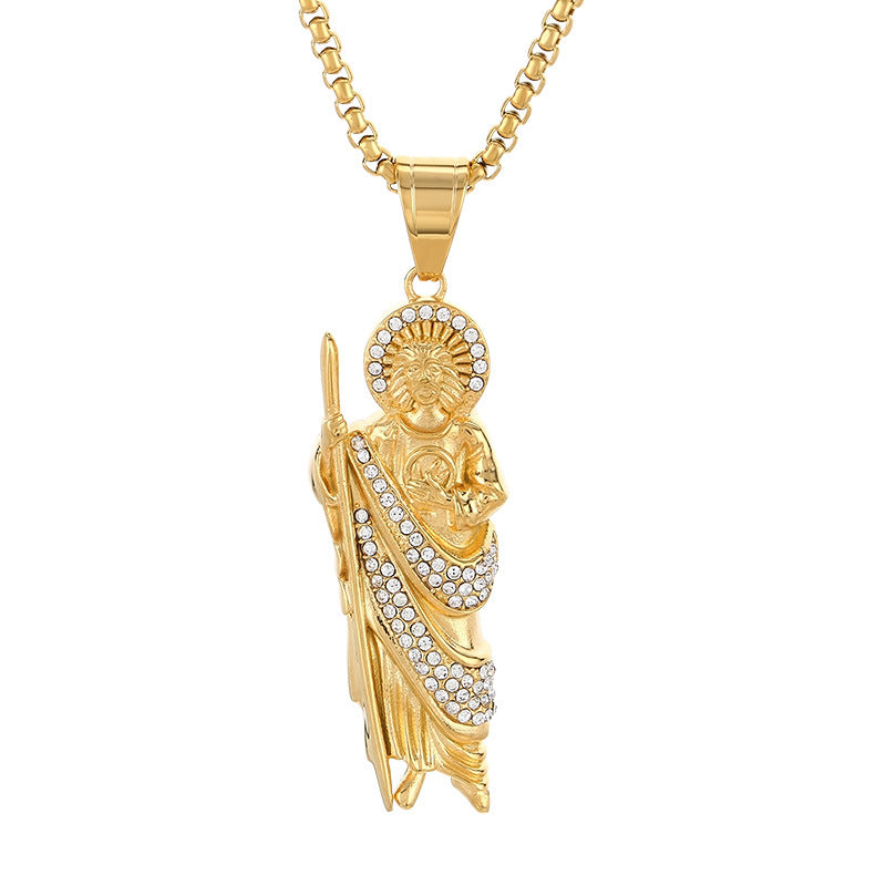 Stylish Zircon Necklace, Vintage Vacuum Plated St. Jude God Titanium Steel Pendant For