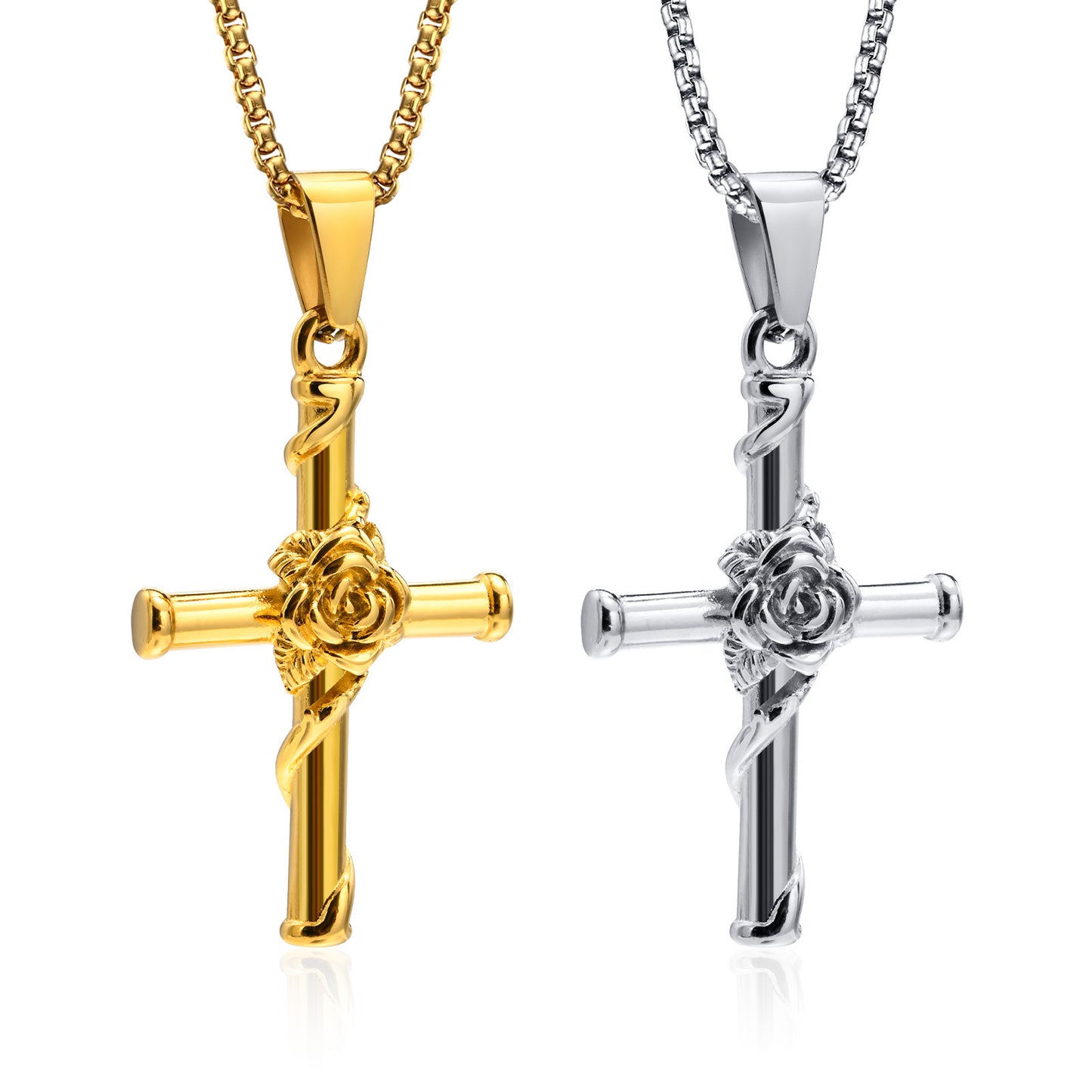 Titanium Steel Necklace Stainless Steel Rose Cross Pendant