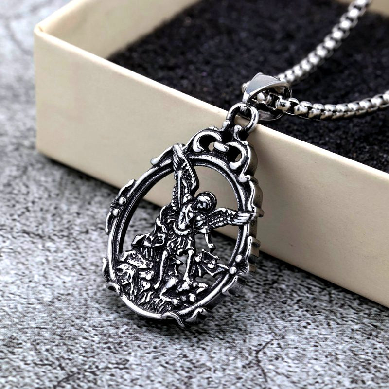 Planderful Shop Vintage Stainless Steel Angel Necklace With Order Of St Michael Pendant For Men And Women