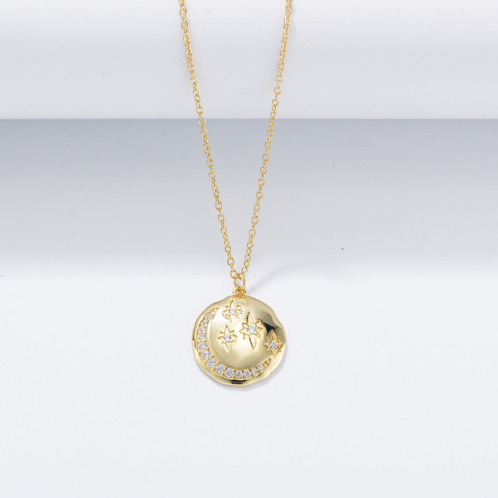 S925 Sterling Silver Round Coin Star Moon Necklace Wind Inlaid Zircon Women
