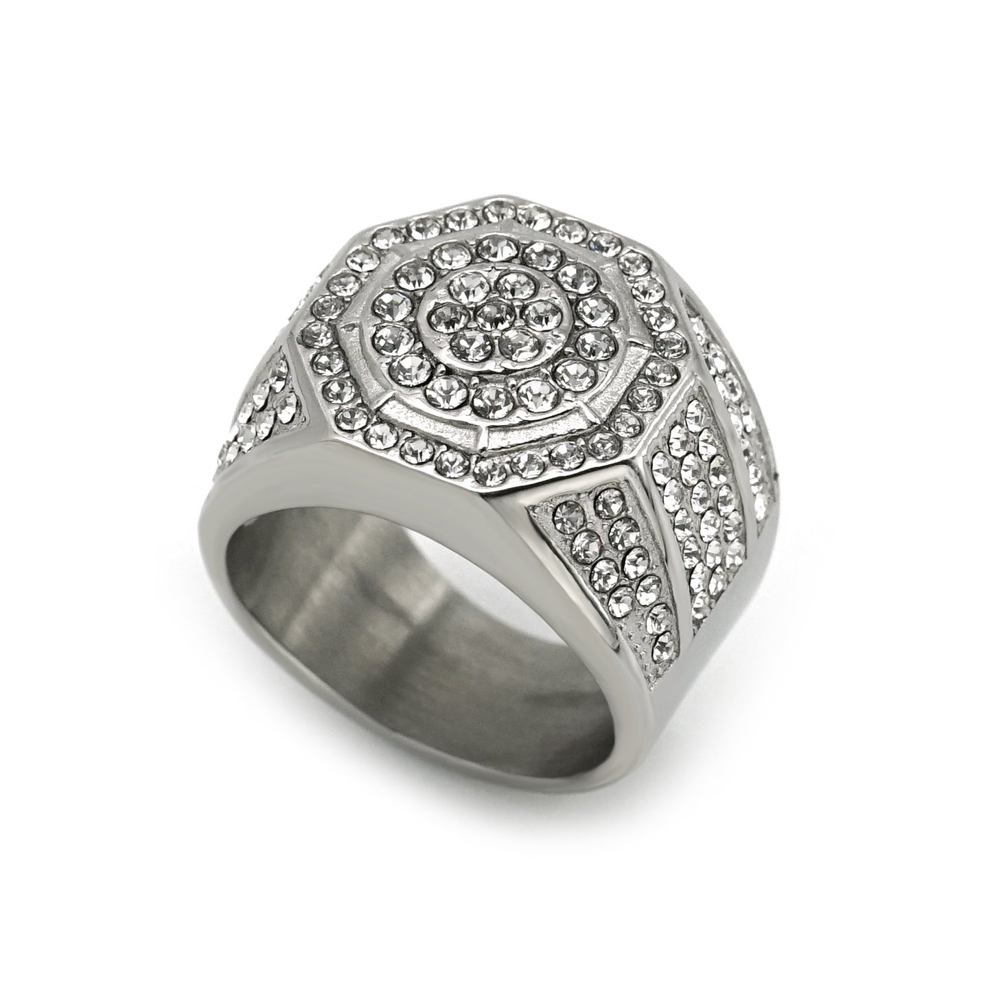 Planderful Stainless Steel Octagon Ring With Zircon Stones Hip Hop Luxury Bold Unisex Statement For Men And Women