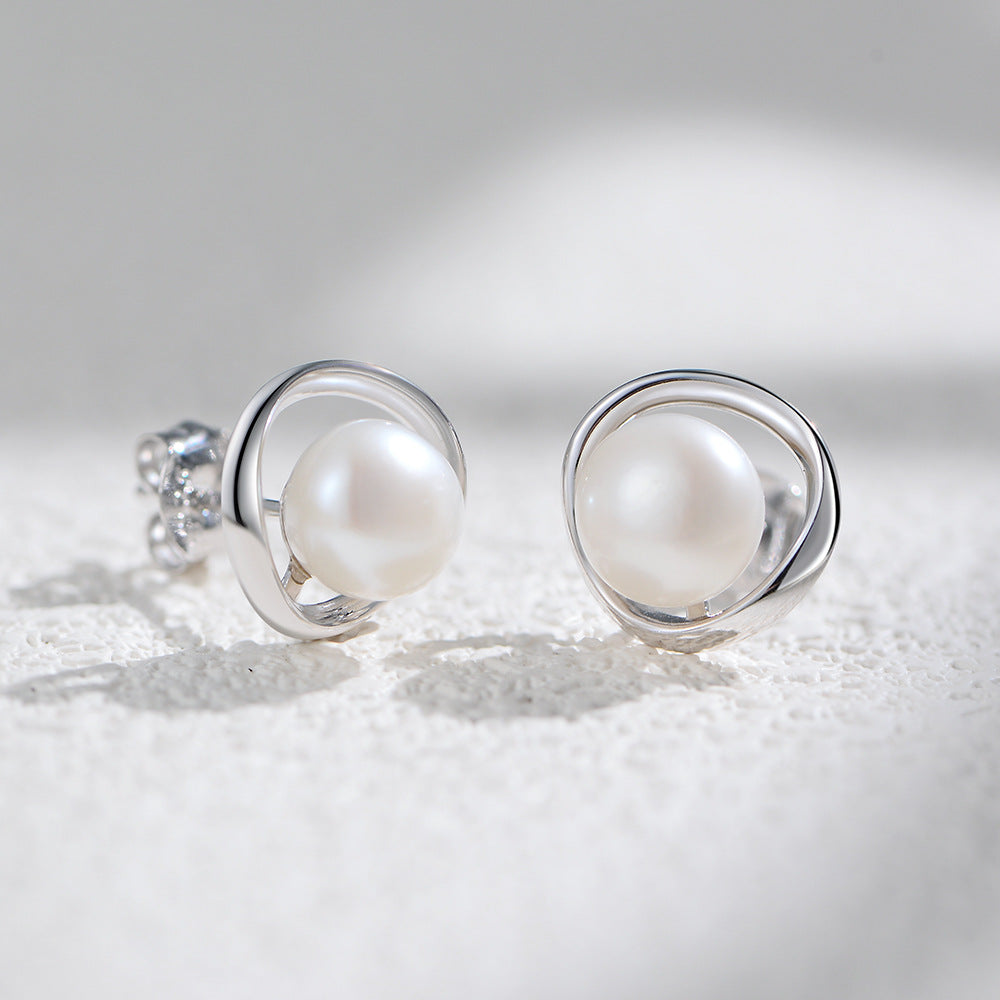 Planderful Natural French Round Pearl Stud Earrings In Sterling Silver For Women Versatile Elegant Everyday Accessory