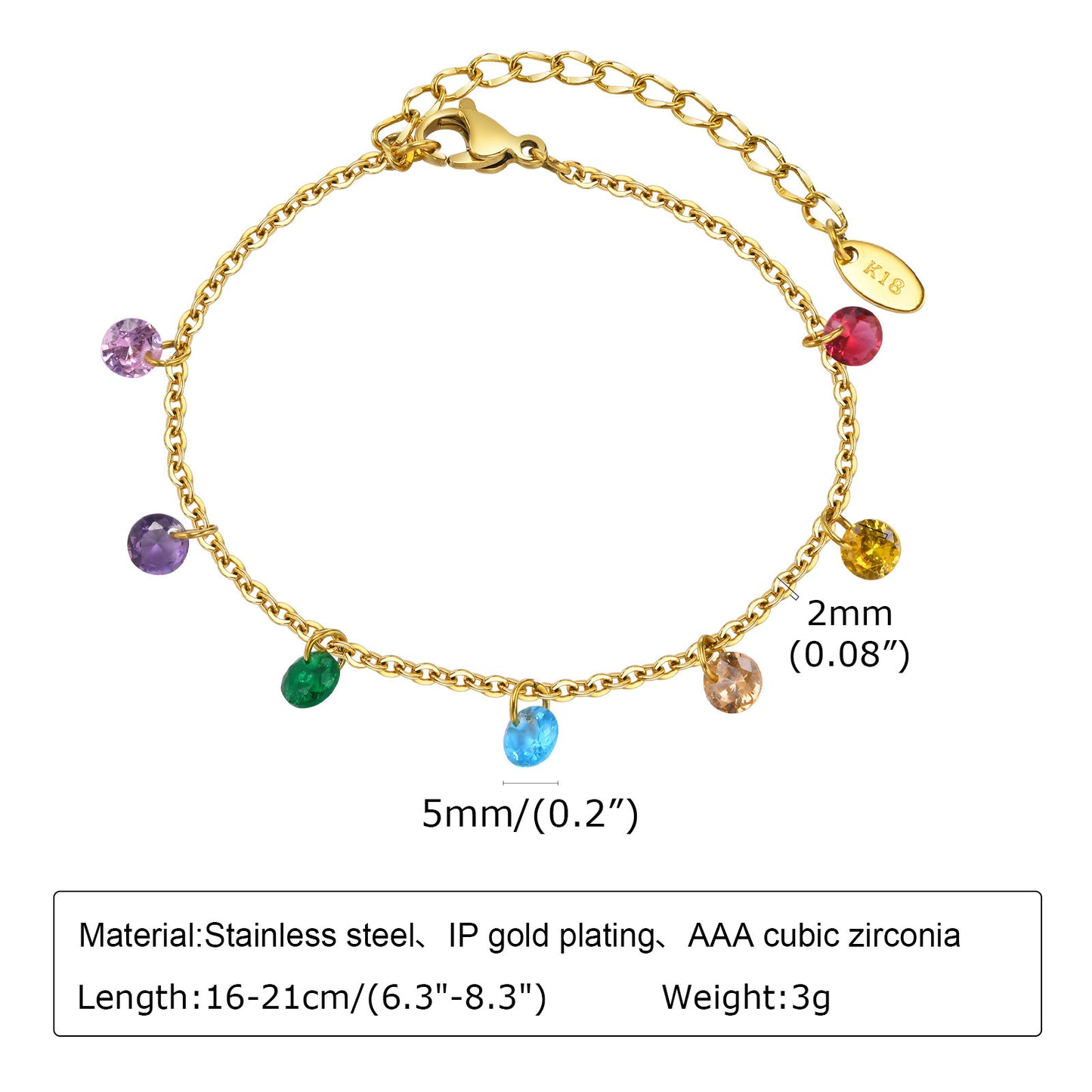 Cross-Border Niche Jewelry Wholesale Stainless Steel Dream Girl Flat Cross Chain 7 Colored Zircon Bracelet