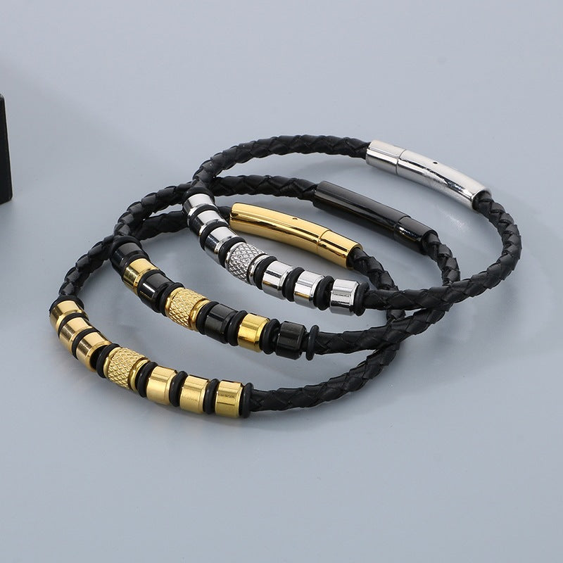 Business Style Men's Leather Rope Bracelet – Stainless Steel Bead Layered Woven Leather