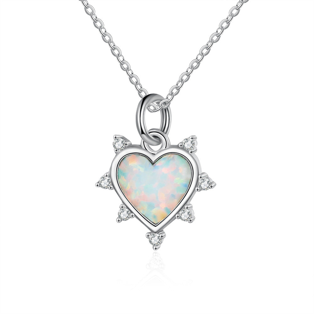 Heart Shape Opal with Small Zircon Sterling Silver Necklace