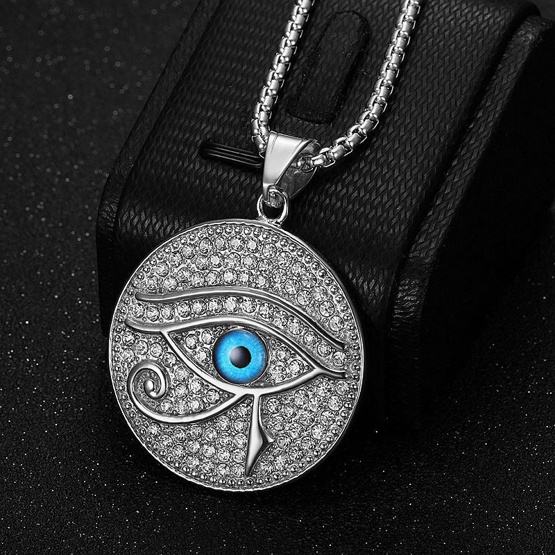 Planderful Hip Hop Jewelry Blue Horus Eye Necklace Gold Plated Titanium Steel Rhinestone Pendant For Hip Hop Fans