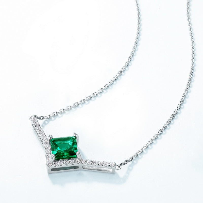 S925 Sterling Silver Lab-Grown Emerald Geometric Necklace