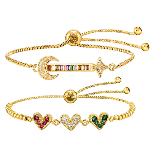 Copper Box Chain Red White Green Heart Zircon Pulled Gold Bracelet