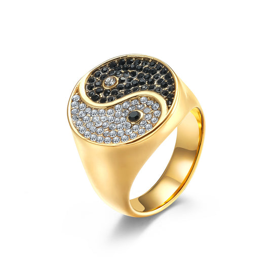 Planderful Tai Chi Ring For Men Stainless Steel With Black And White Zircon Inlay Retro European American Style