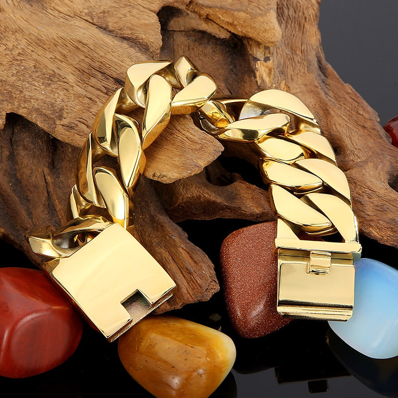 Hip-Hop Inspired Men's Thick Cuban Bracelet in Electroplated 18k Gold Titanium Steel