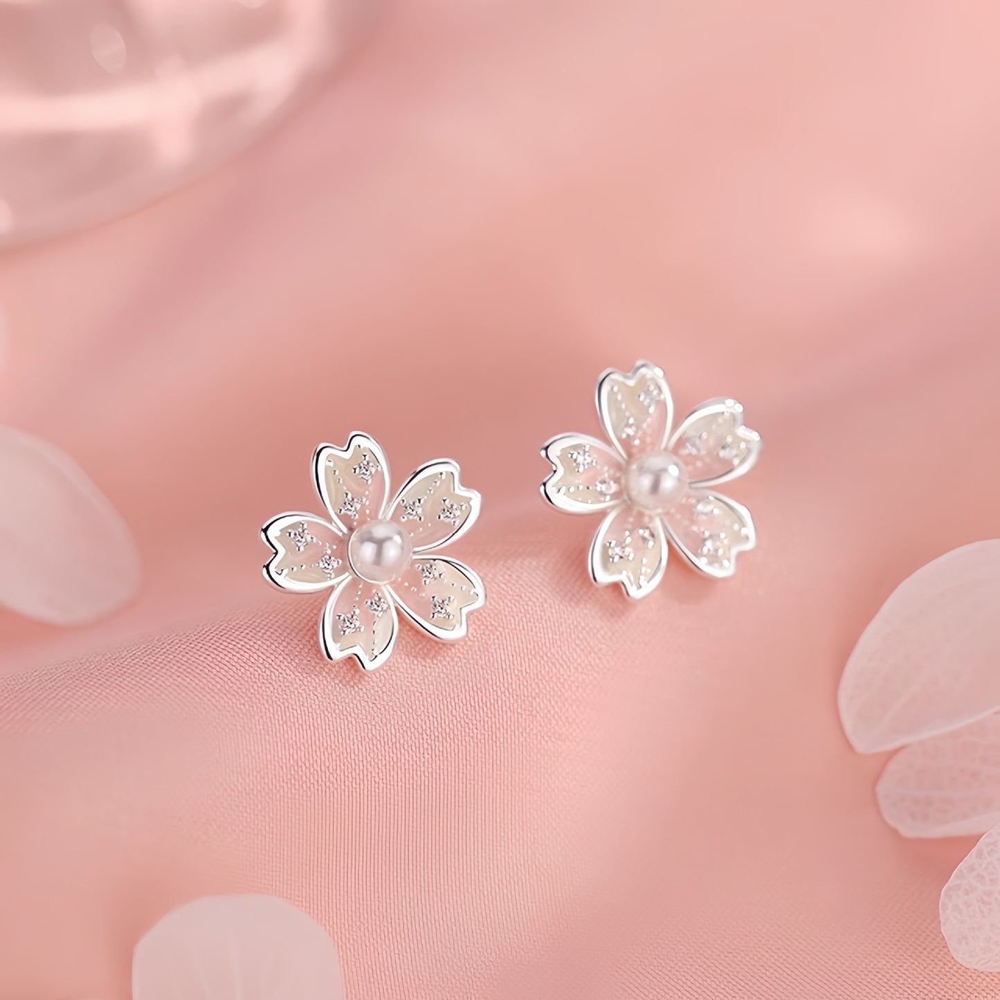 Planderful Sterling Silver Pink Cherry Blossom Stud Earrings For Women Lightweight Everyday Genie Collection
