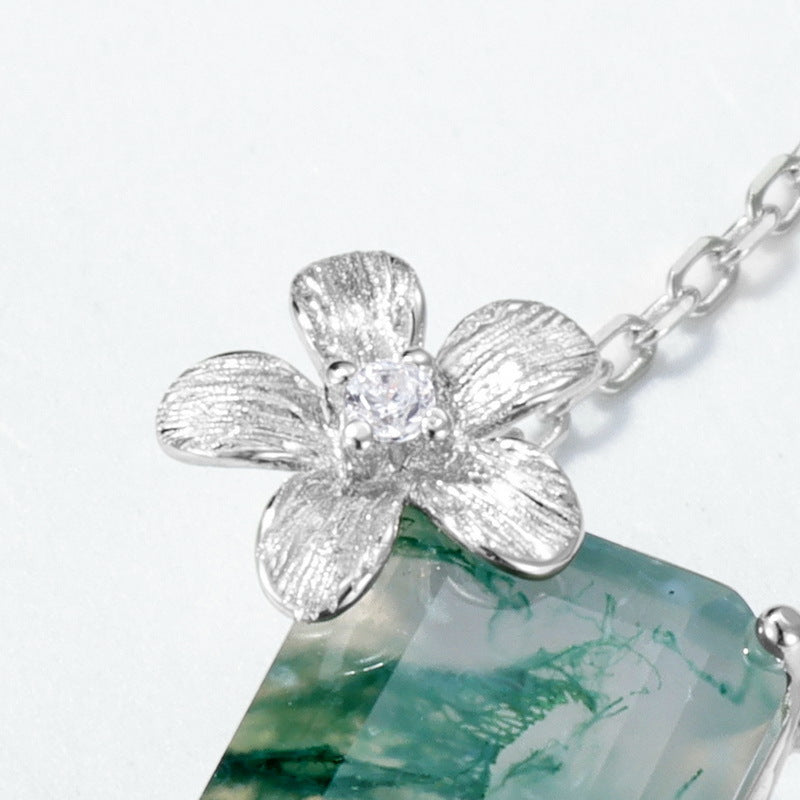 S925 Sterling Silver Moss Agate Flower Necklace