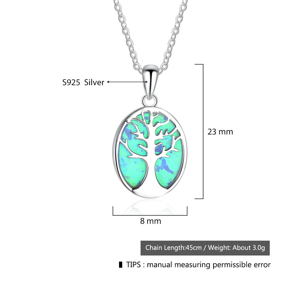 Planderful Jewelry Tree of Life Opal Pendant Necklace in Sterling Silver S925 Blue Oval