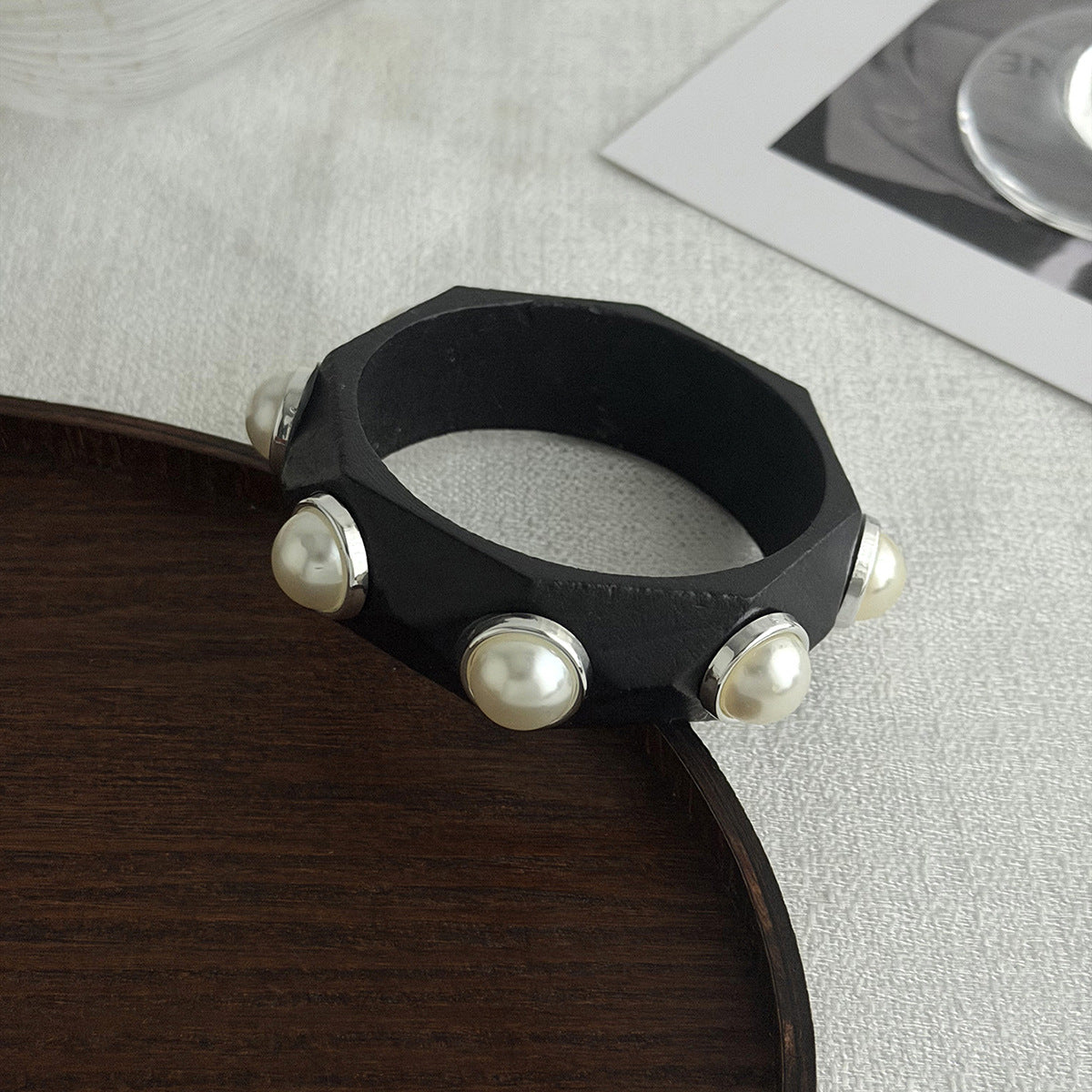 Planderful Vienna Verve Handcrafted Wooden Bracelet With Imitation Pearl Inlay Statement For Women