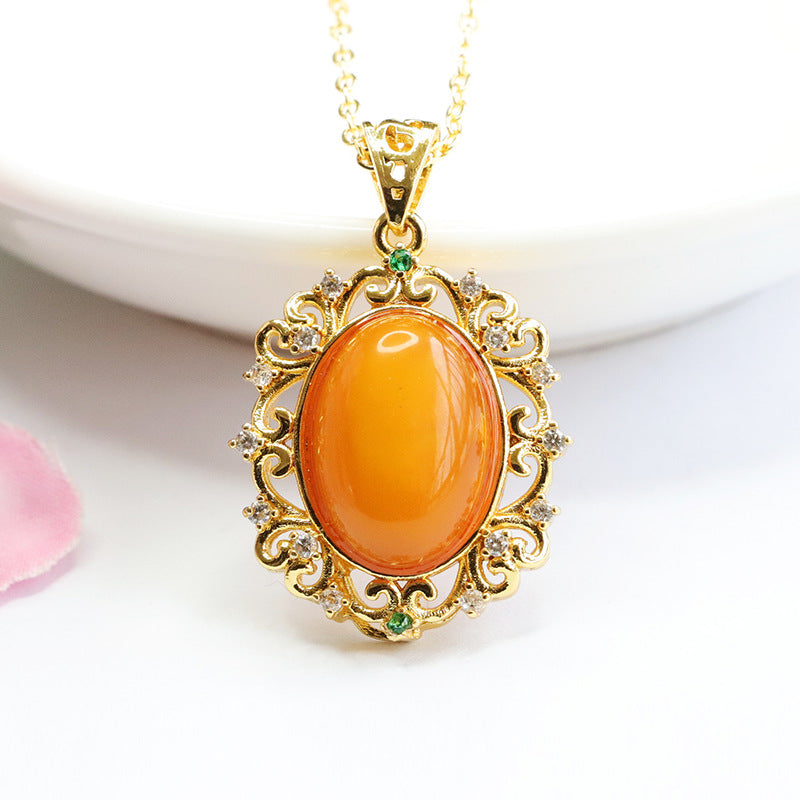 Golden Amber Beeswax Pendant Necklace with Zircon Accents