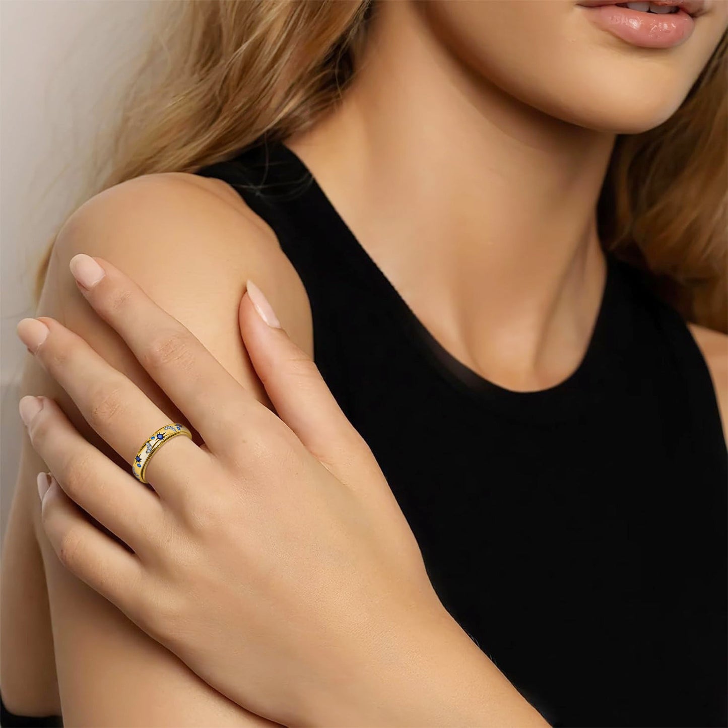 Rotatable Decompression Ring Sun Moon Color Zircon Planderful For Women Ring With Starry Sky Design