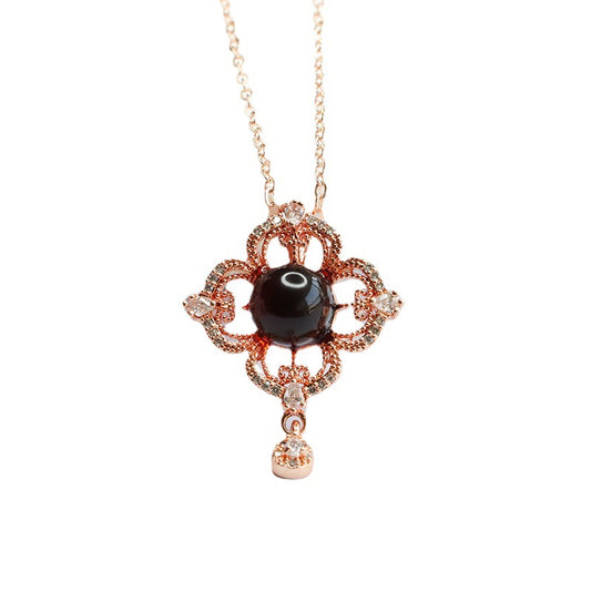 Blood Amber Pendant with Zircon Flower Tassel Necklace for Women