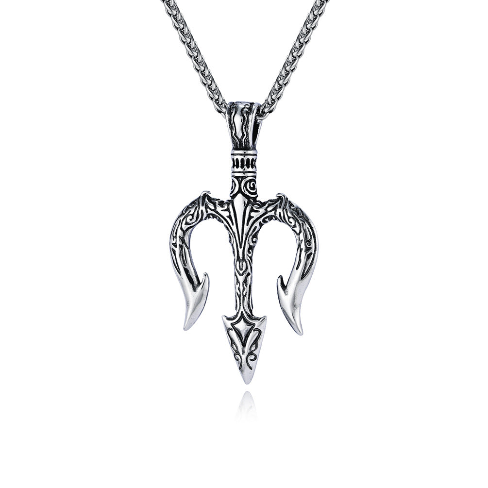 Steel Necklace - Vintage Trident Pendant For Men Everyday Hip Hop Jewelry By Planderful