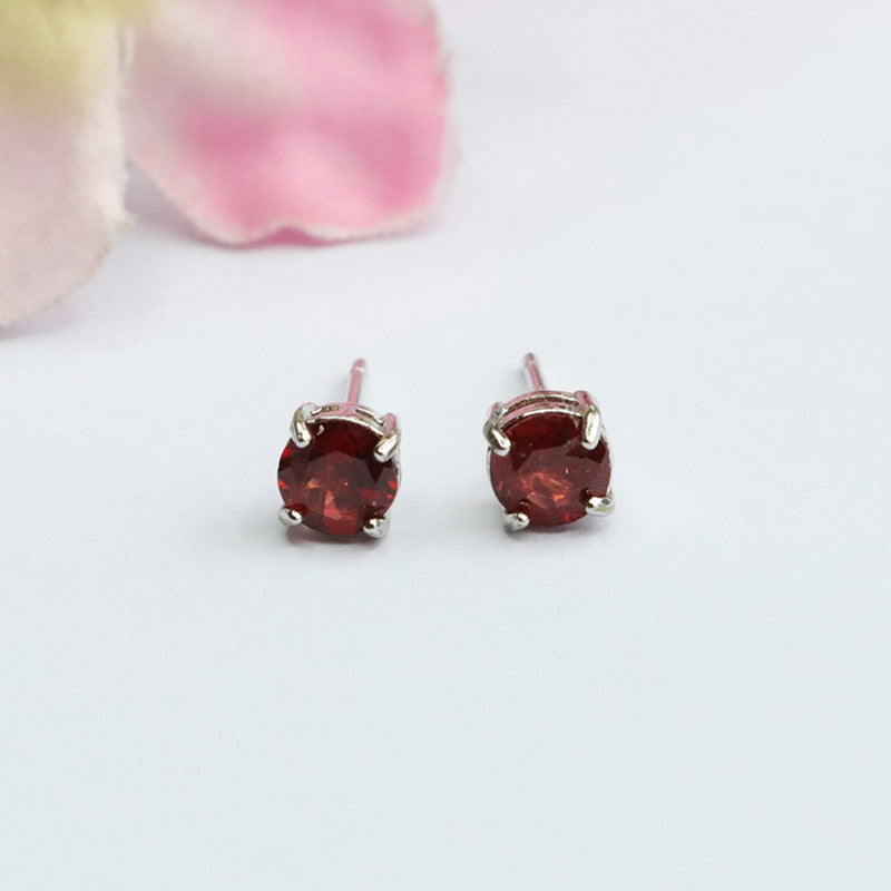 Burgundy Garnet Four-Prong 925 Silver Stud Earrings
