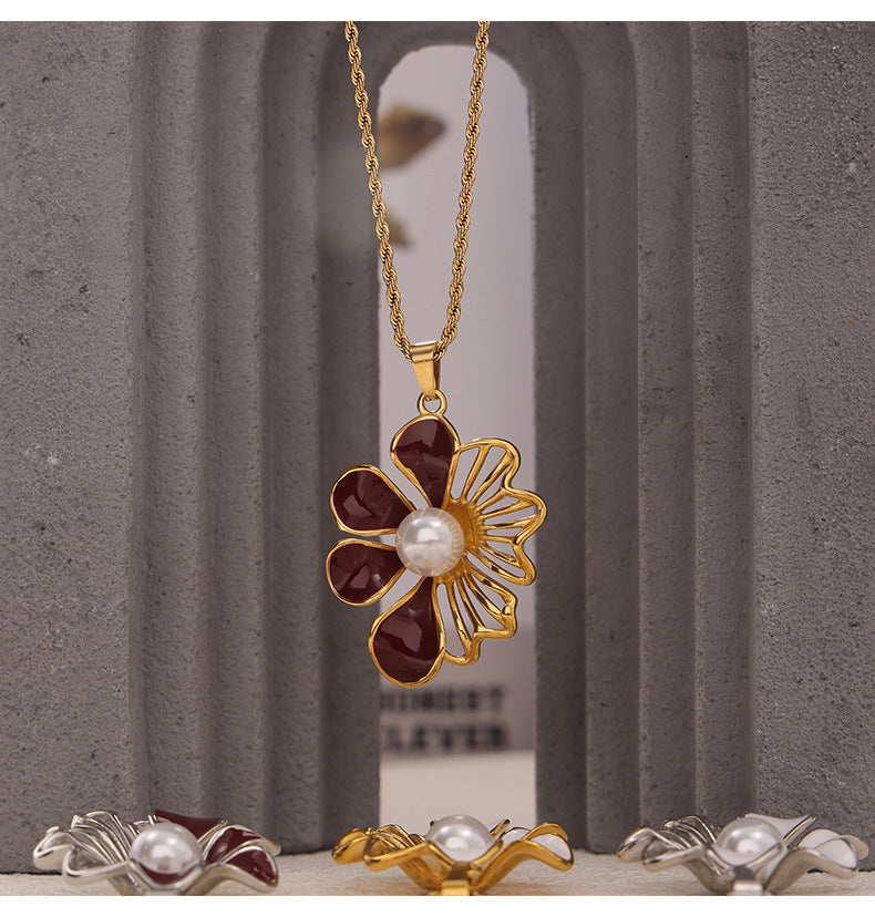 Elegant Bead Necklace with Glazed Floral Pendant