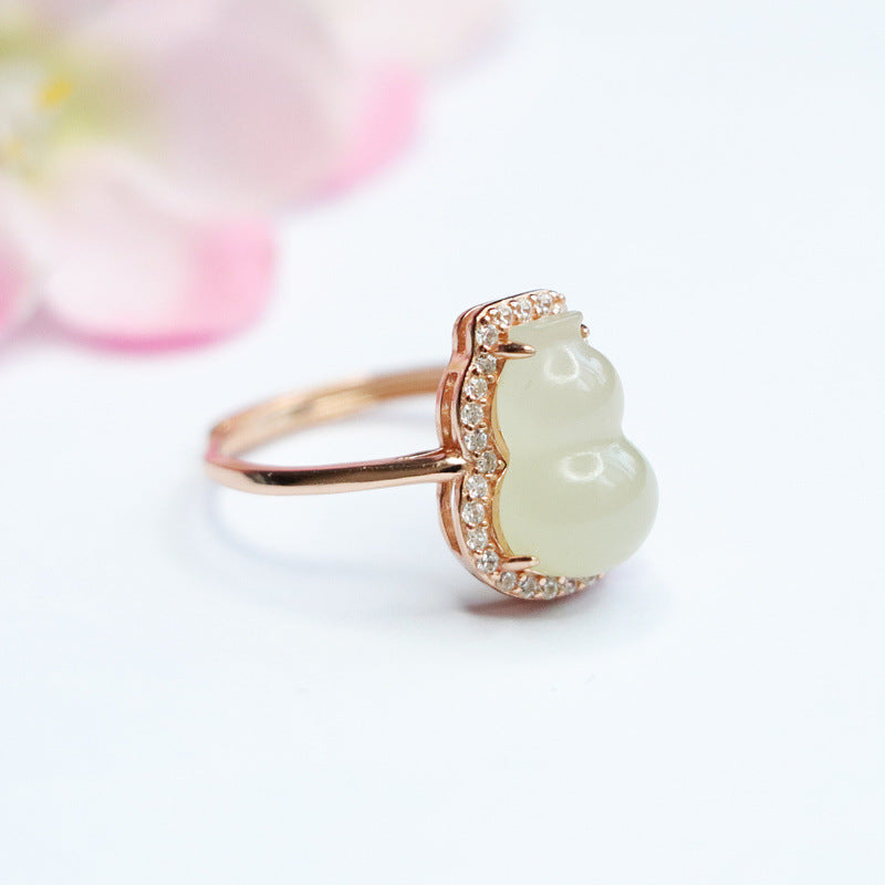 Sterling Silver Adjustable Gourd Ring with Natural Hetian Jade and Zircon