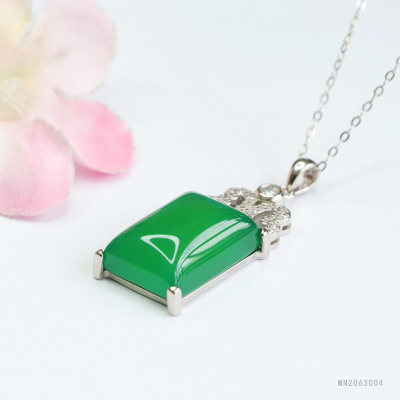 Green Chalcedony Peace Plaque Silver Pendant — No Chain
